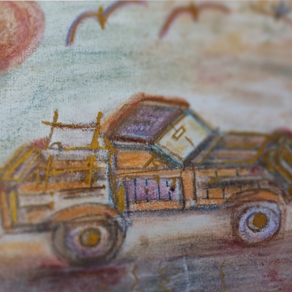 Vintage Truck Stuck Art Painting By Self 10 X 8 " Canvas Chalk Medium With Easel